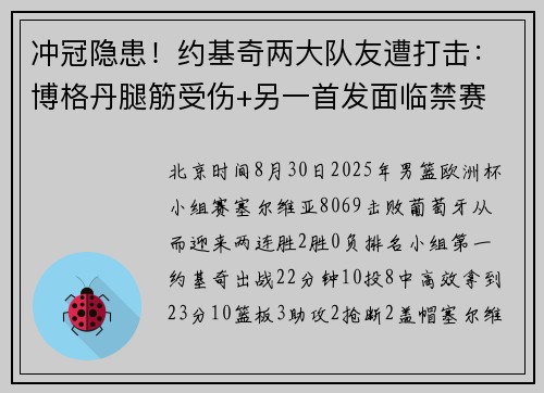 冲冠隐患！约基奇两大队友遭打击：博格丹腿筋受伤+另一首发面临禁赛