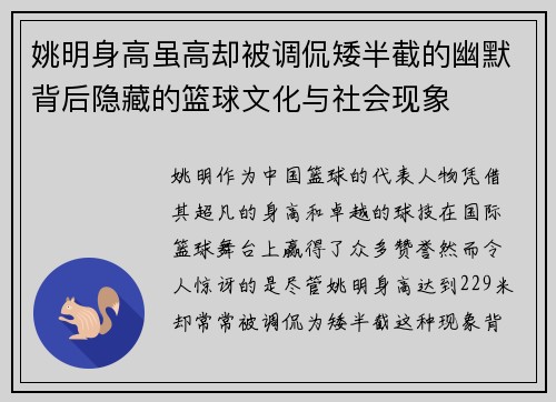 姚明身高虽高却被调侃矮半截的幽默背后隐藏的篮球文化与社会现象